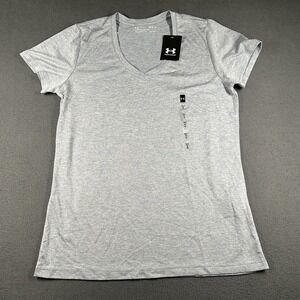Under Armour Shirt Womens Medium Blue V-Neck Short Sleeve HeatGear 1258568